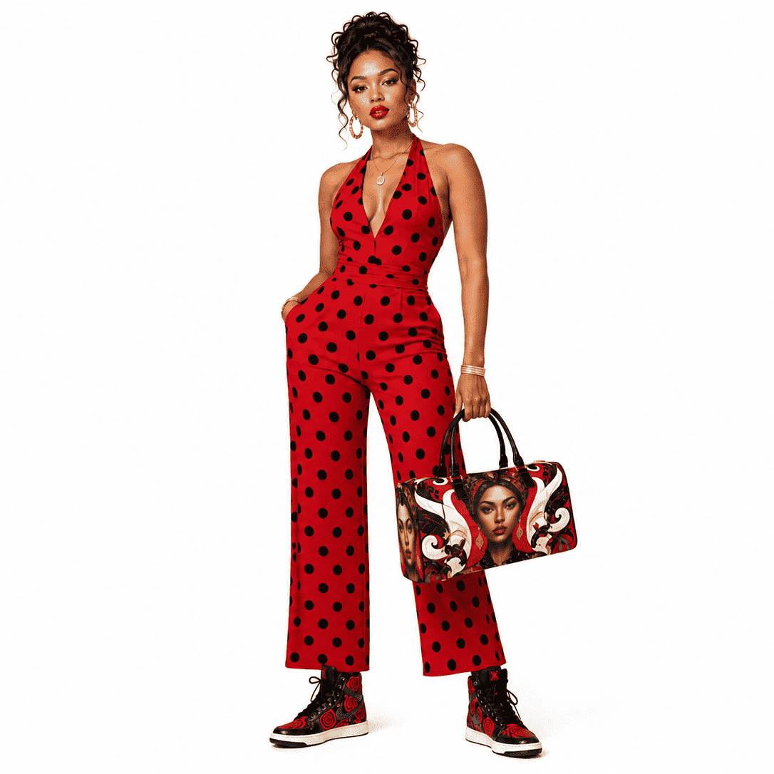 Red caricature large-capacity 1200D nylon travel duffel with PU leather top handle and adjustable strap — additional view 6
