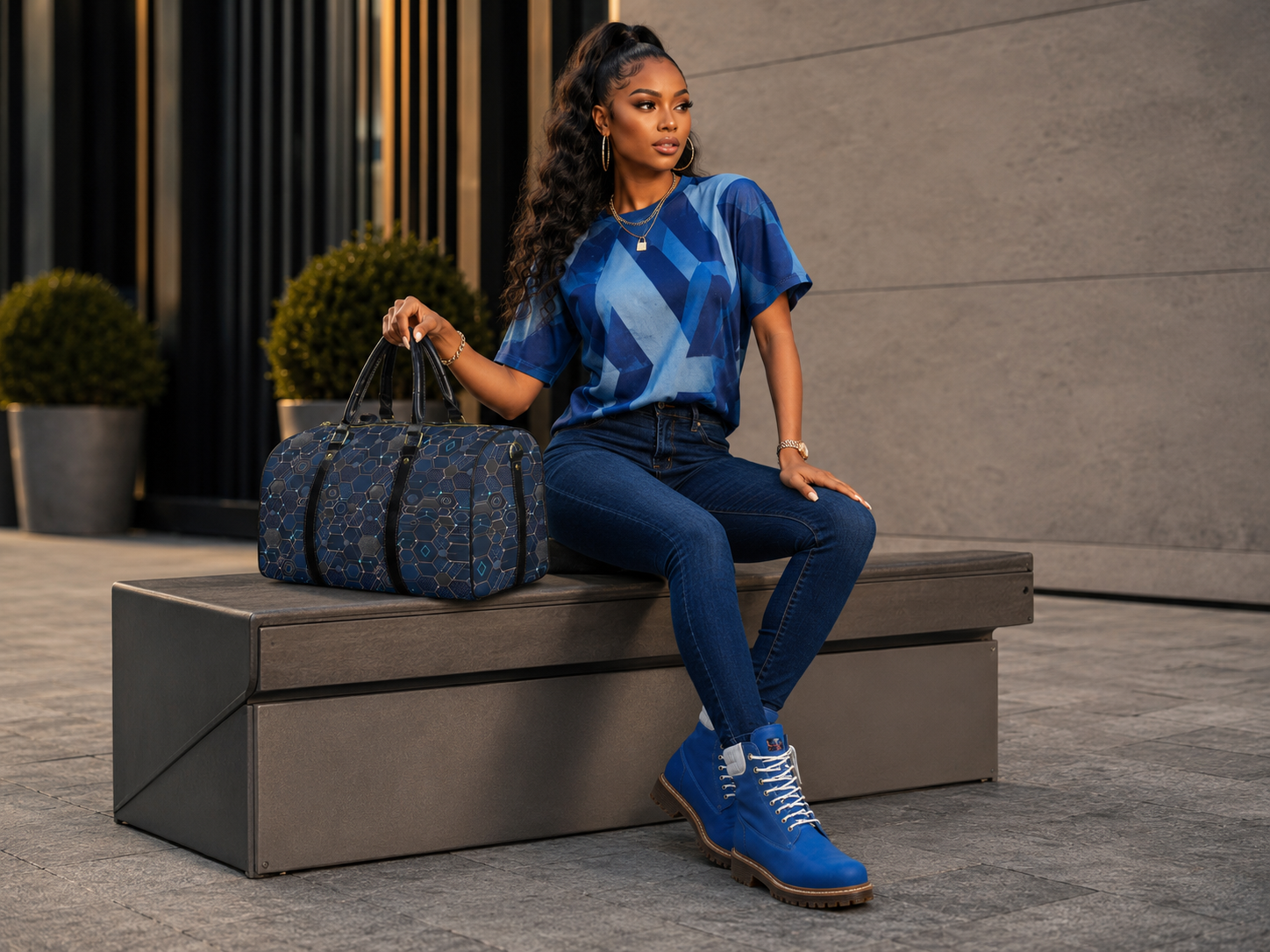 Rich and Rich Blue Hex Network PU Leather Travel Bag for Gym, Weekend & Long-Term Travel