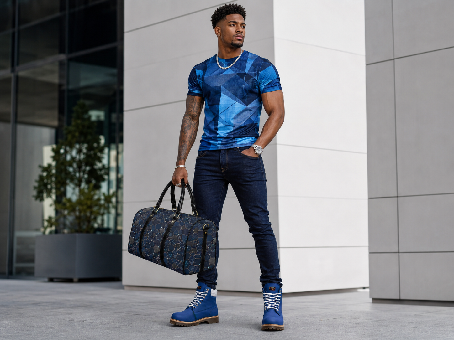 Rich and Rich Blue Hex Network PU Leather Travel Bag for Gym, Weekend & Long-Term Travel