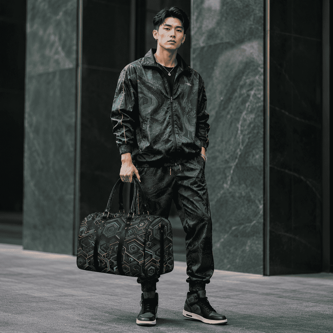 Green fractal-pattern PU leather travel duffel with top handles and adjustable shoulder strap