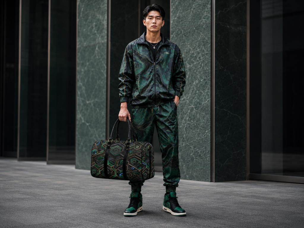 Rich and Rich Green Fractal Evolution PU Leather Travel Bag | Gym, Weekend & Carry-On Duffel Bag