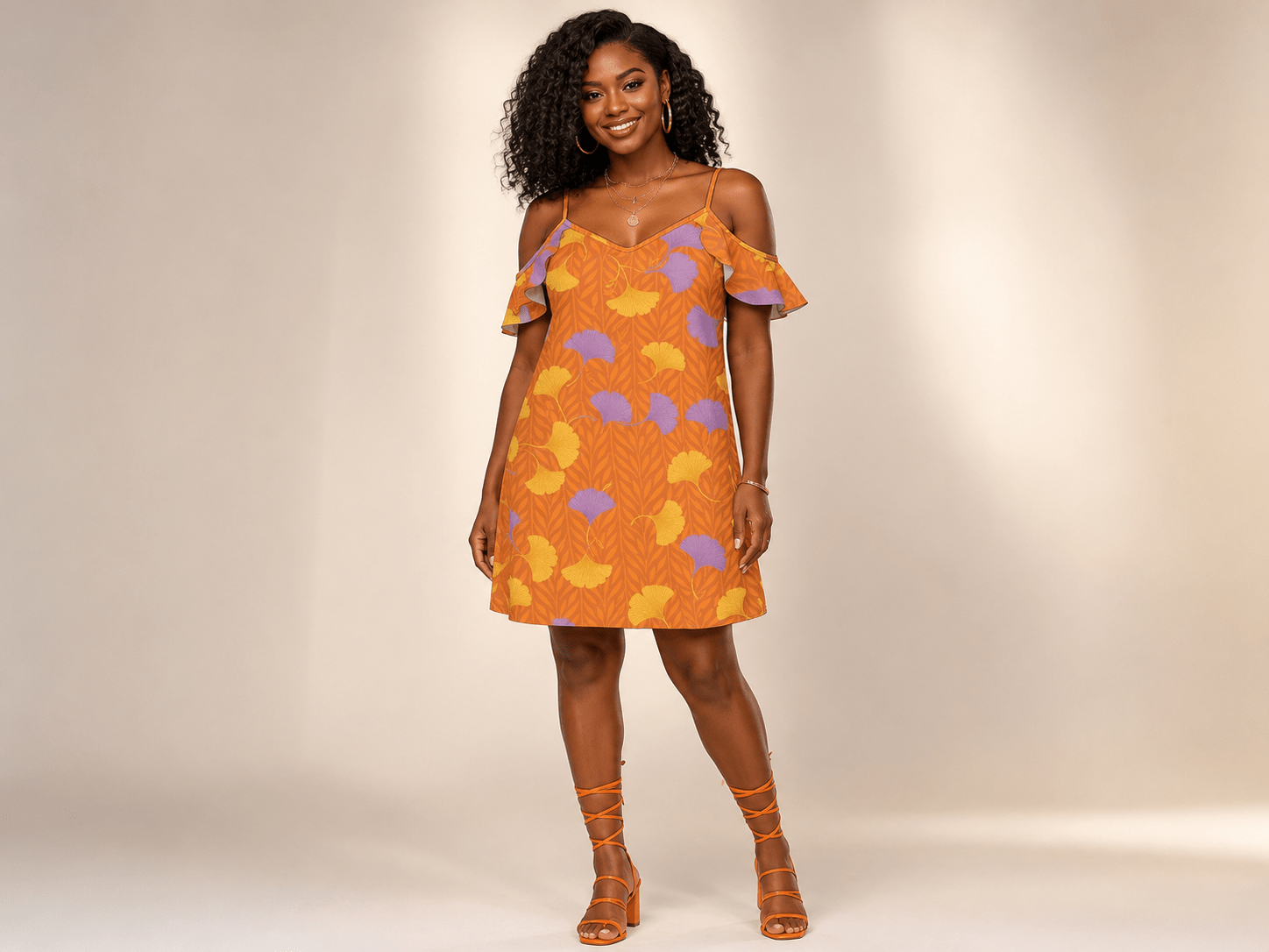 Orange floral women's dress with spaghetti straps, cold-shoulder ruffle sleeves and relaxed silhouette — alternate view