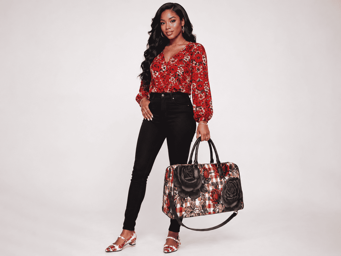 Red checkered rose large-capacity duffel in 1200D nylon with PU leather handles and adjustable strap