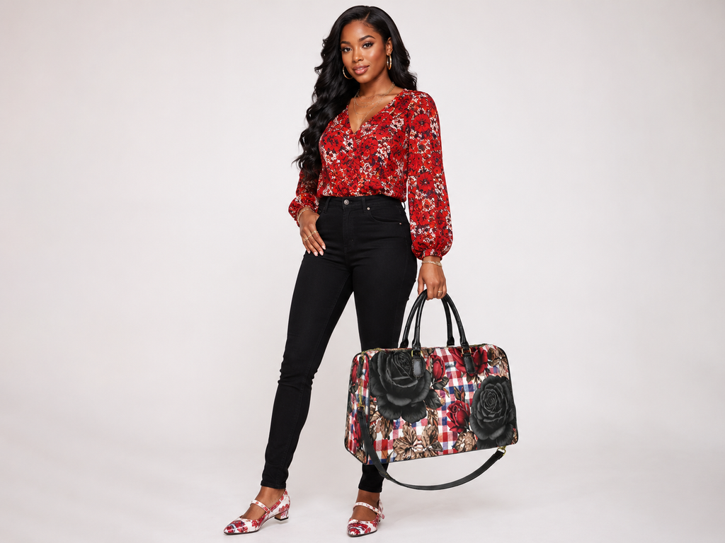 Rich and Rich Red Checkered Rose Large Capacity Travel Bag | 1200D Nylon Weekender Duffel with PU Leather Handles