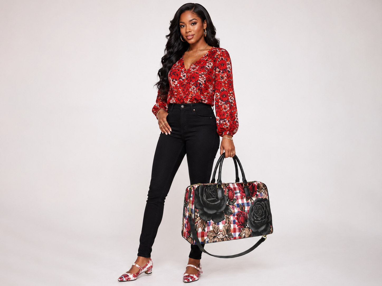 Rich and Rich Red Checkered Rose Large Capacity Travel Bag | 1200D Nylon Weekender Duffel with PU Leather Handles