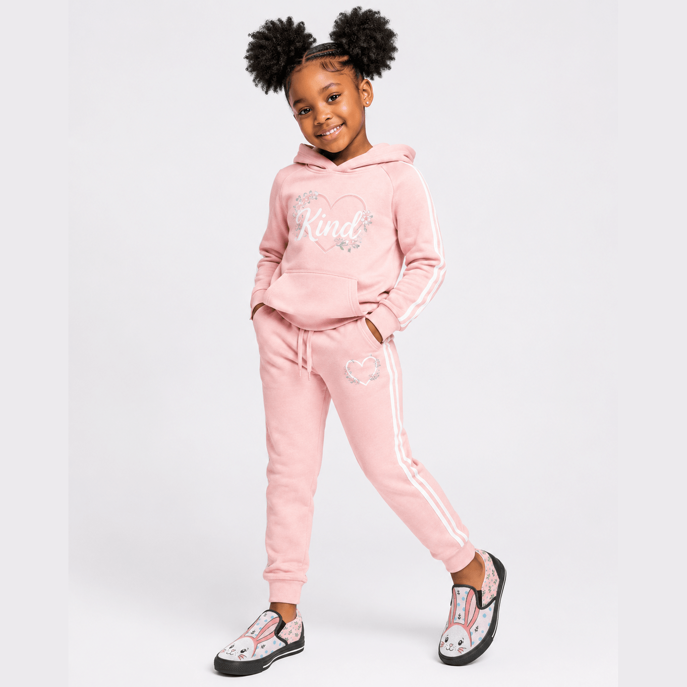 Pink girls' slip-on canvas shoes with bunny print, cushioned footbed and rubber outsole