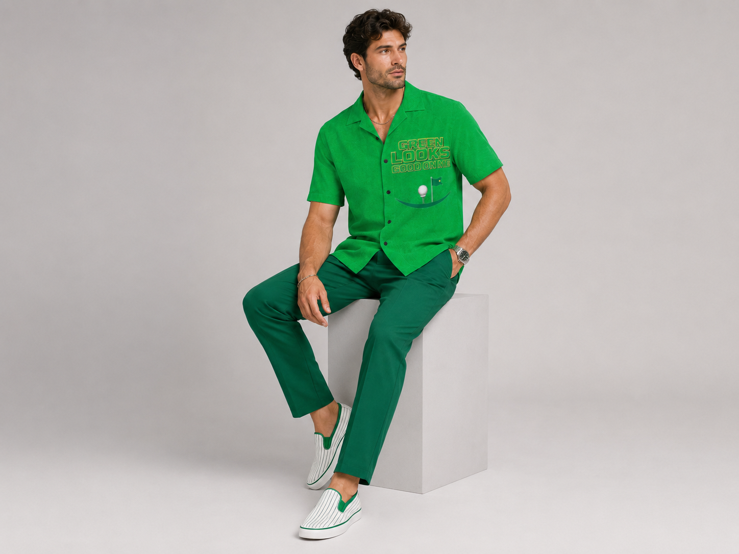 Rich and Rich Men’s Green Hawaiian Golf Shirt | 4-Way Stretch Short Sleeve Resort Polo Shirt