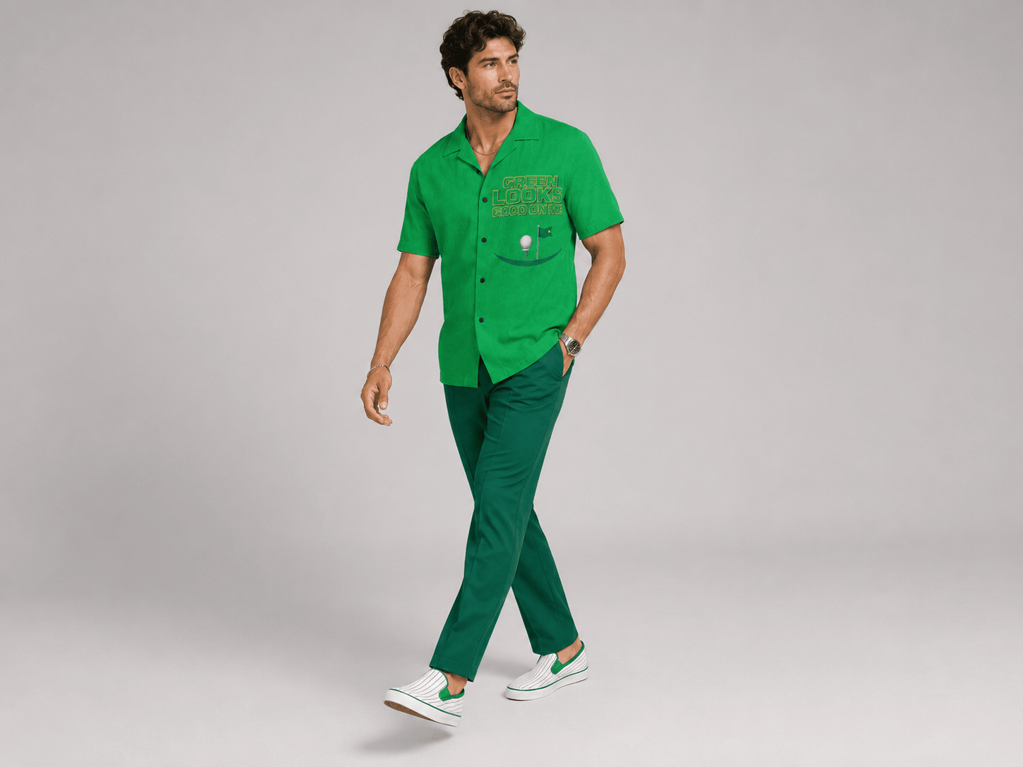 Men's green Hawaiian-style short-sleeve golf shirt with notch lapel and boxy relaxed fit — alternate view