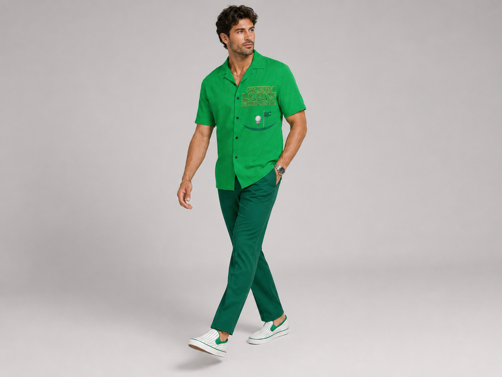 Rich and Rich Men’s Green Hawaiian Golf Shirt | 4-Way Stretch Short Sleeve Resort Polo Shirt