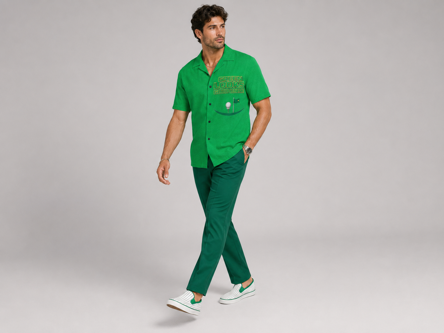 Rich and Rich Men’s Green Hawaiian Golf Shirt | 4-Way Stretch Short Sleeve Resort Polo Shirt