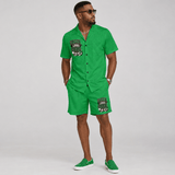 Men's green short-sleeve V-neck shirt with chest pocket and matching elastic-waist shorts — rear view