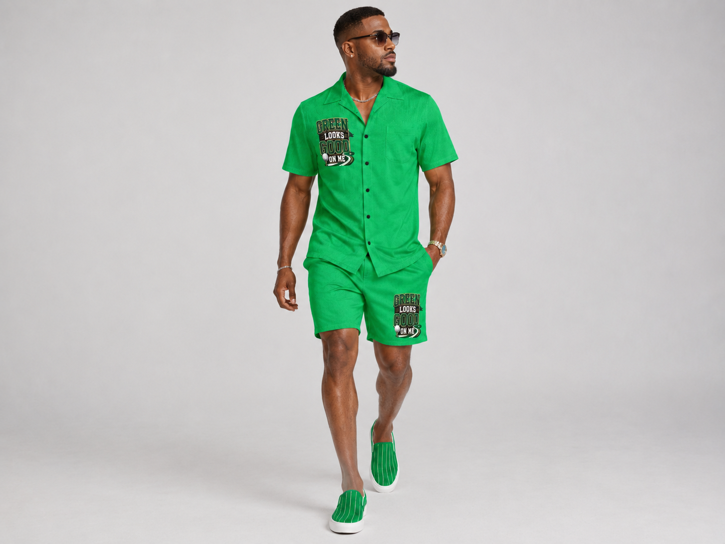 Rich and Rich Men’s Green Shirt and Shorts Golf Outfit Set with Pockets | 4-Way Stretch Casual Resort Set
