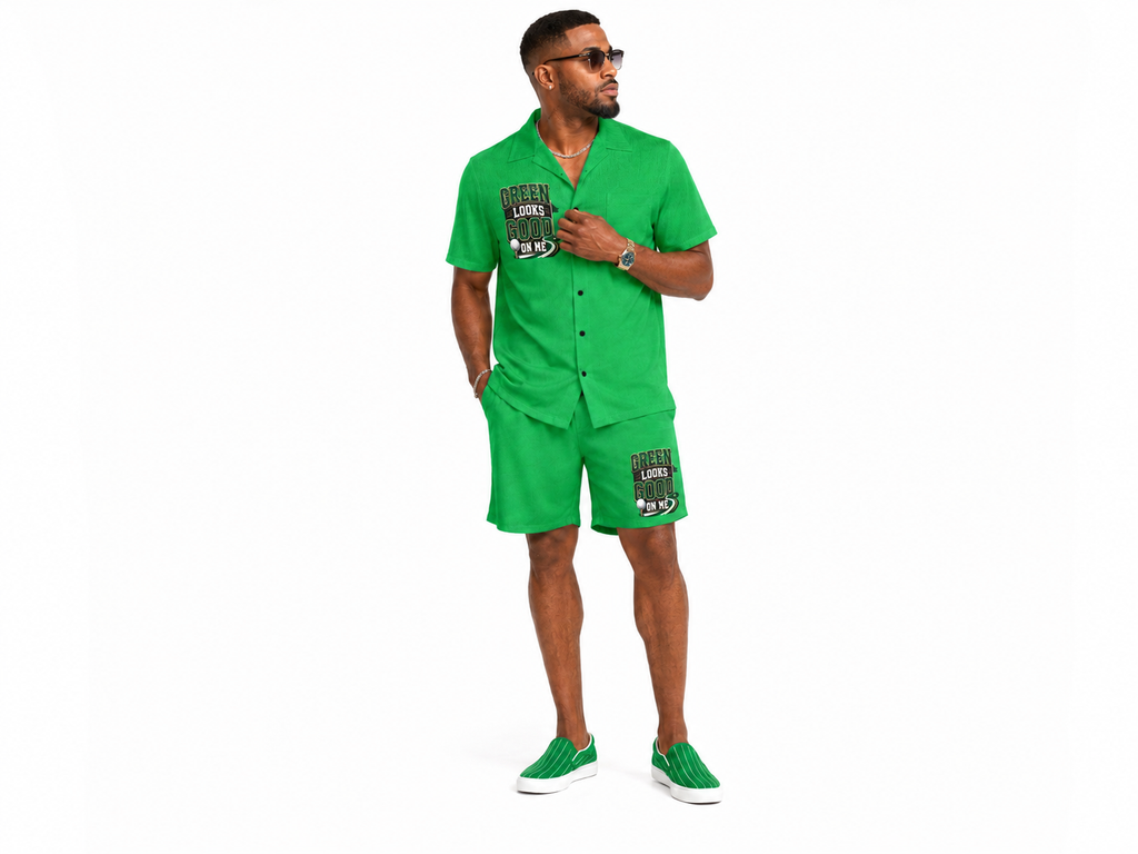 Rich and Rich Men’s Green Shirt and Shorts Golf Outfit Set with Pockets | 4-Way Stretch Casual Resort Set