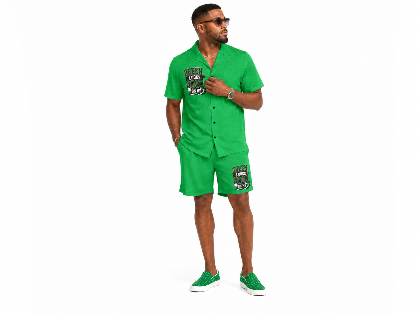 Rich and Rich Men’s Green Shirt and Shorts Golf Outfit Set with Pockets | 4-Way Stretch Casual Resort Set