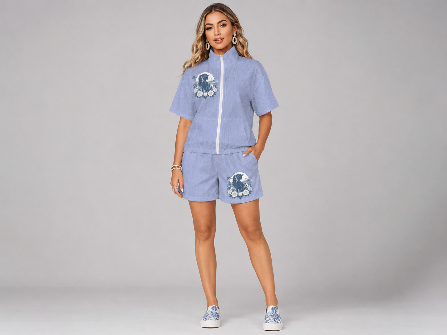 Rich and Rich Women’s Pastel Blue Windbreaker Short Set | Lightweight Summer Two-Piece Outfit with Zip-Up Jacket & Shorts