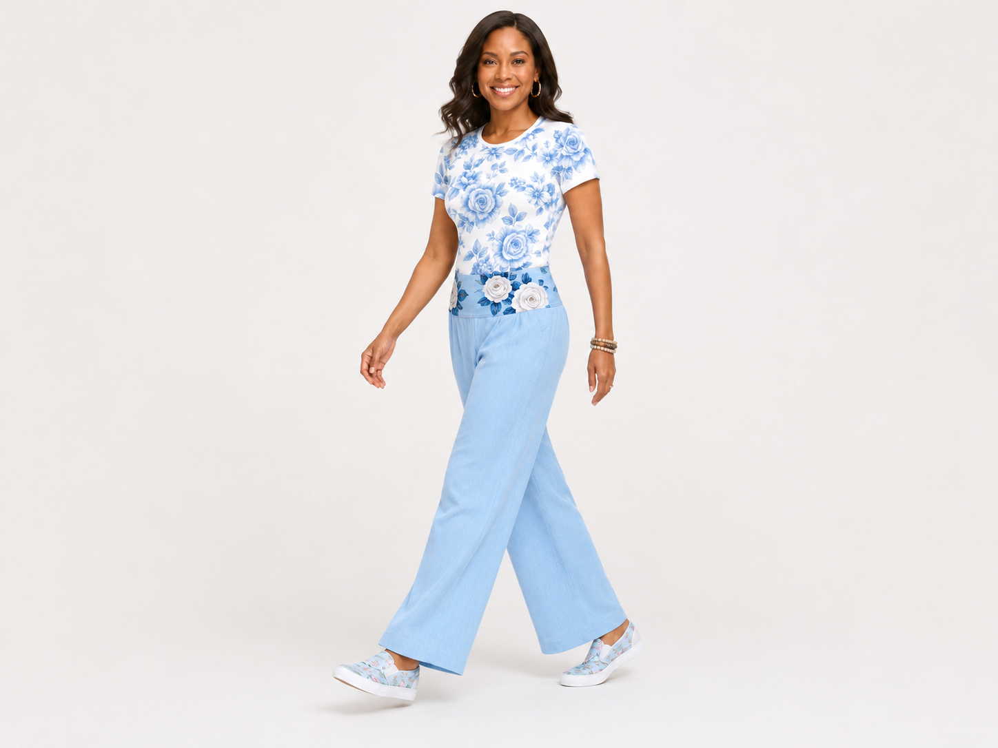 Rich and Rich Blue Pastel Floral Golfing Women’s Pants Set | All-Over Print T-Shirt & Wide Leg Pants Outfit