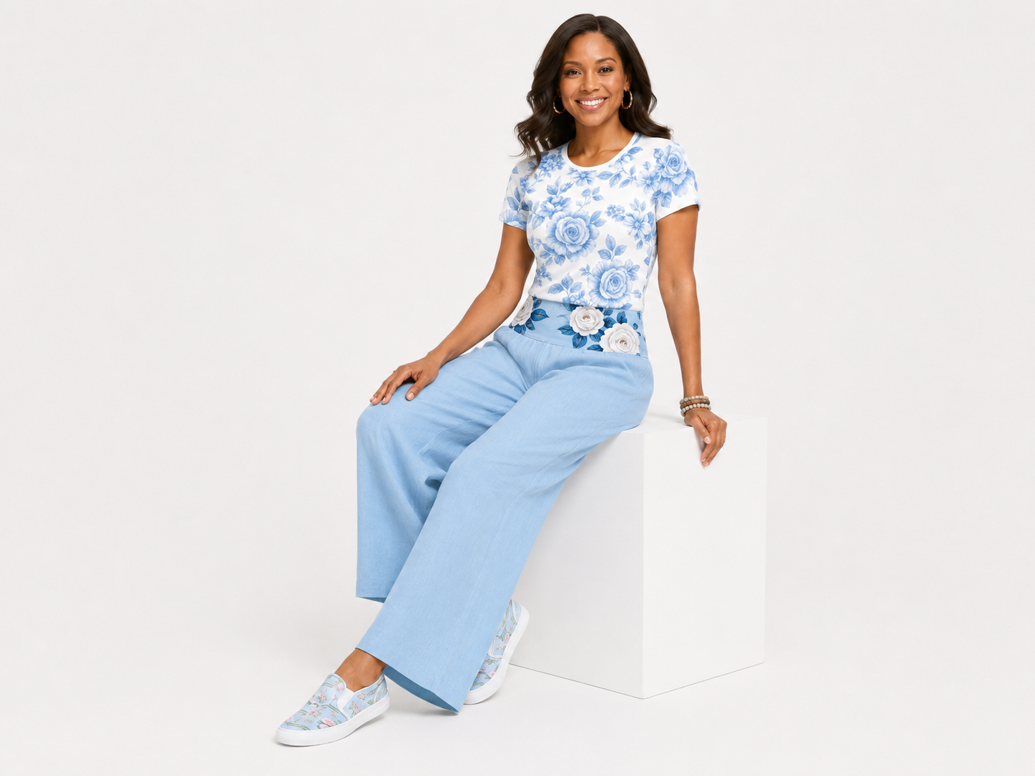 Rich and Rich Blue Pastel Floral Golfing Women’s Pants Set | All-Over Print T-Shirt & Wide Leg Pants Outfit