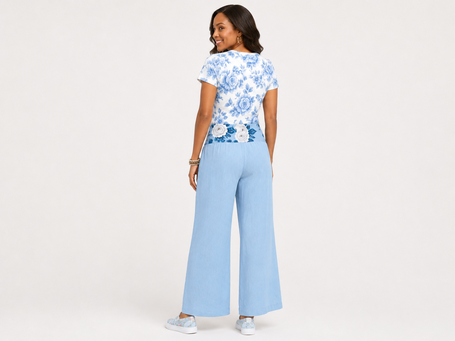 Rich and Rich Blue Pastel Floral Golfing Women’s Pants Set | All-Over Print T-Shirt & Wide Leg Pants Outfit