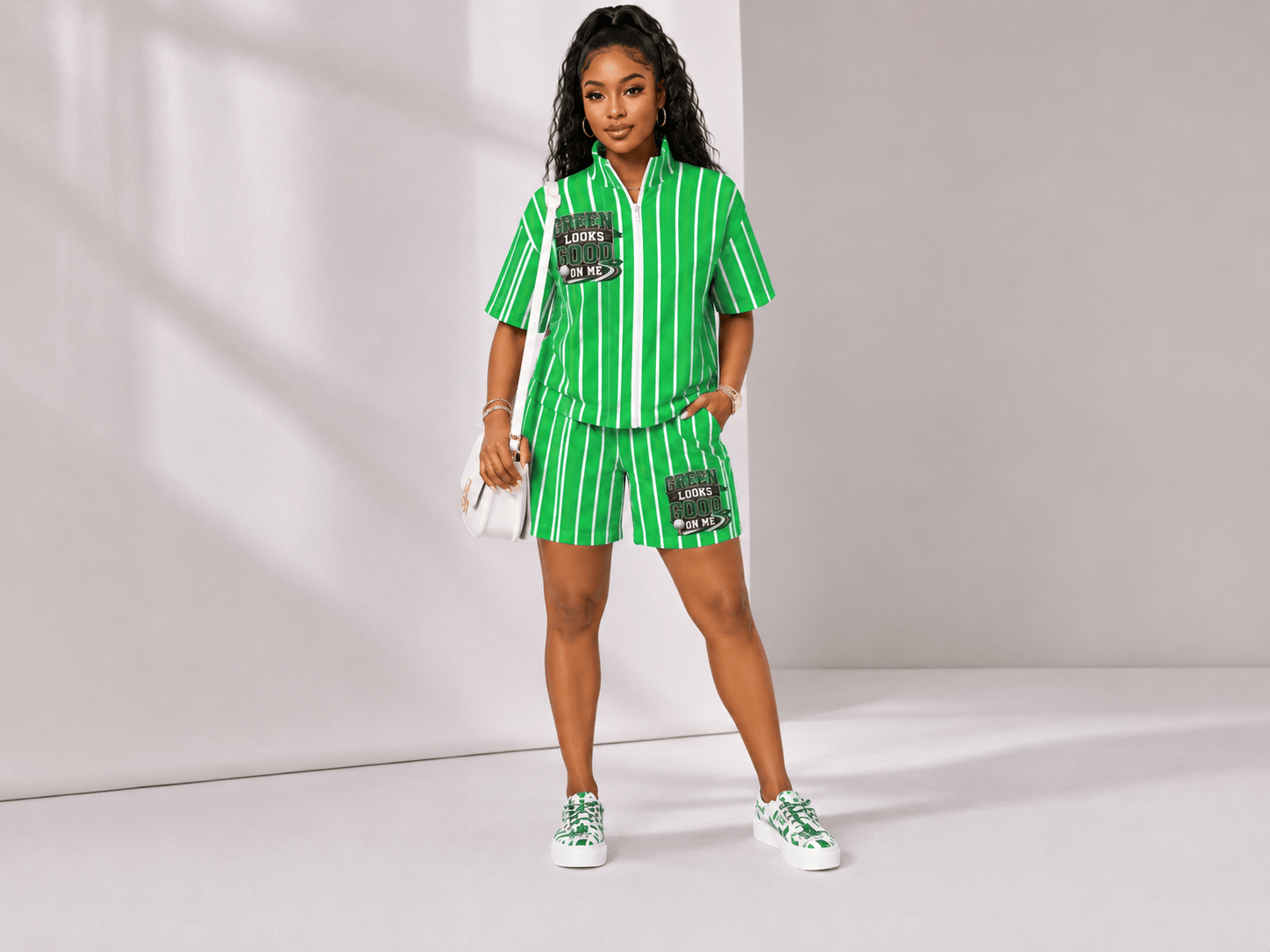 Green pinstriped women's short-sleeve windbreaker jacket with matching elastic-waist shorts — alternate view