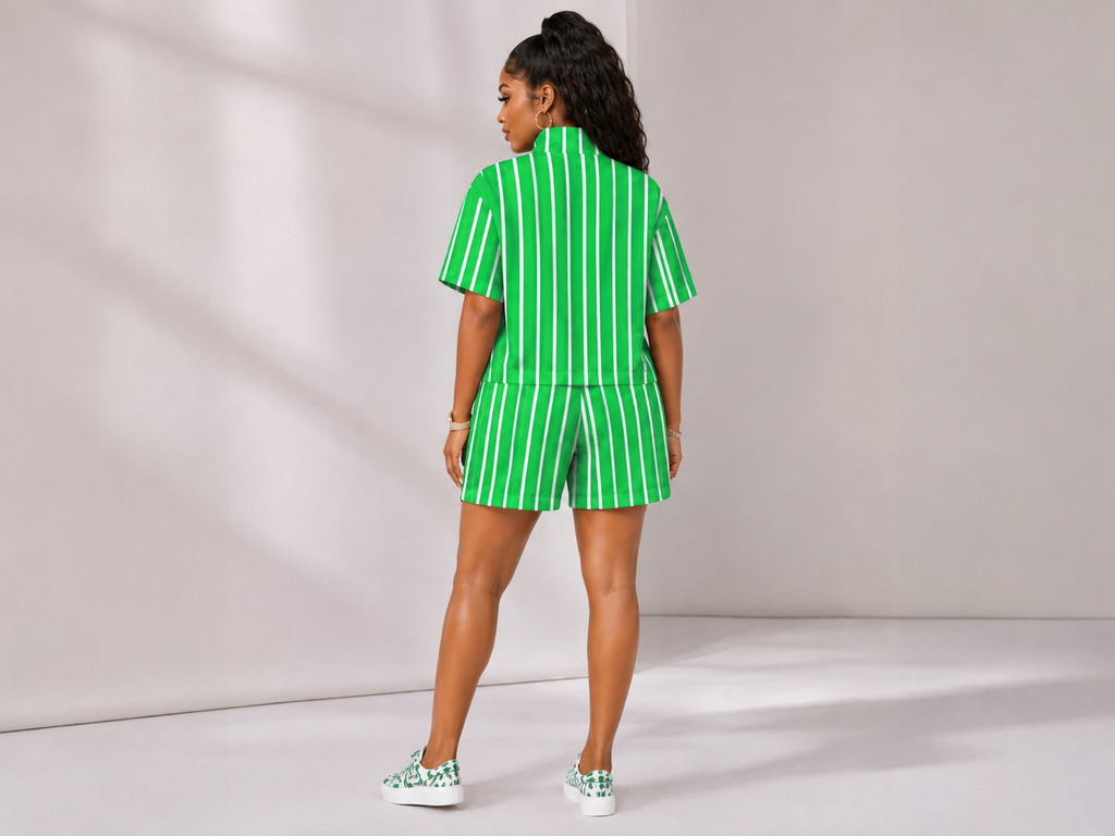 Rich and Rich Women’s Green Pinstriped Windbreaker Golf Short Set | Lightweight Summer Two-Piece Outfit