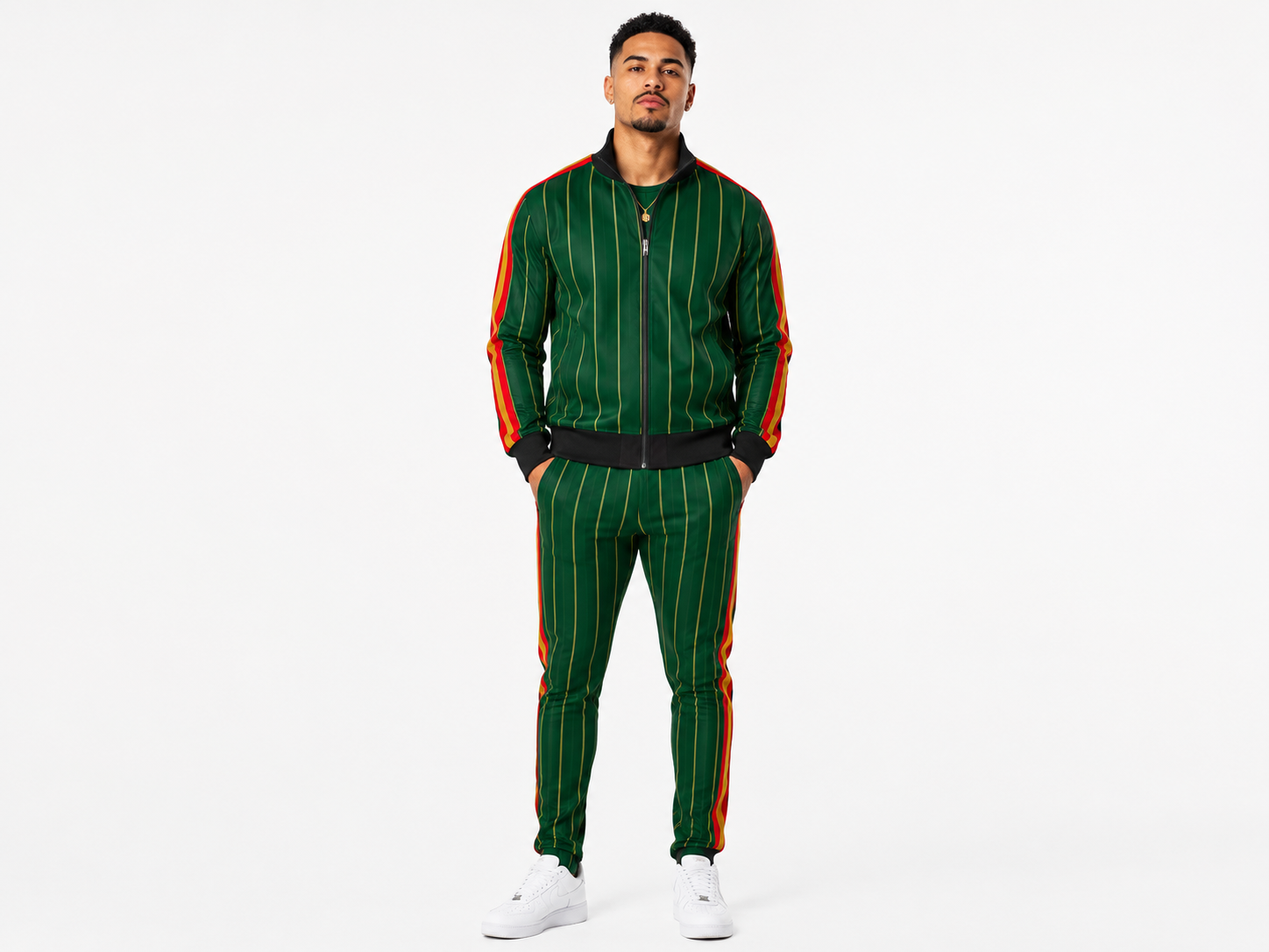 Rich and Rich Men’s Green Pinstripe Golfer Tracksuit Pants | Slim Fit Designer Jogging Pants