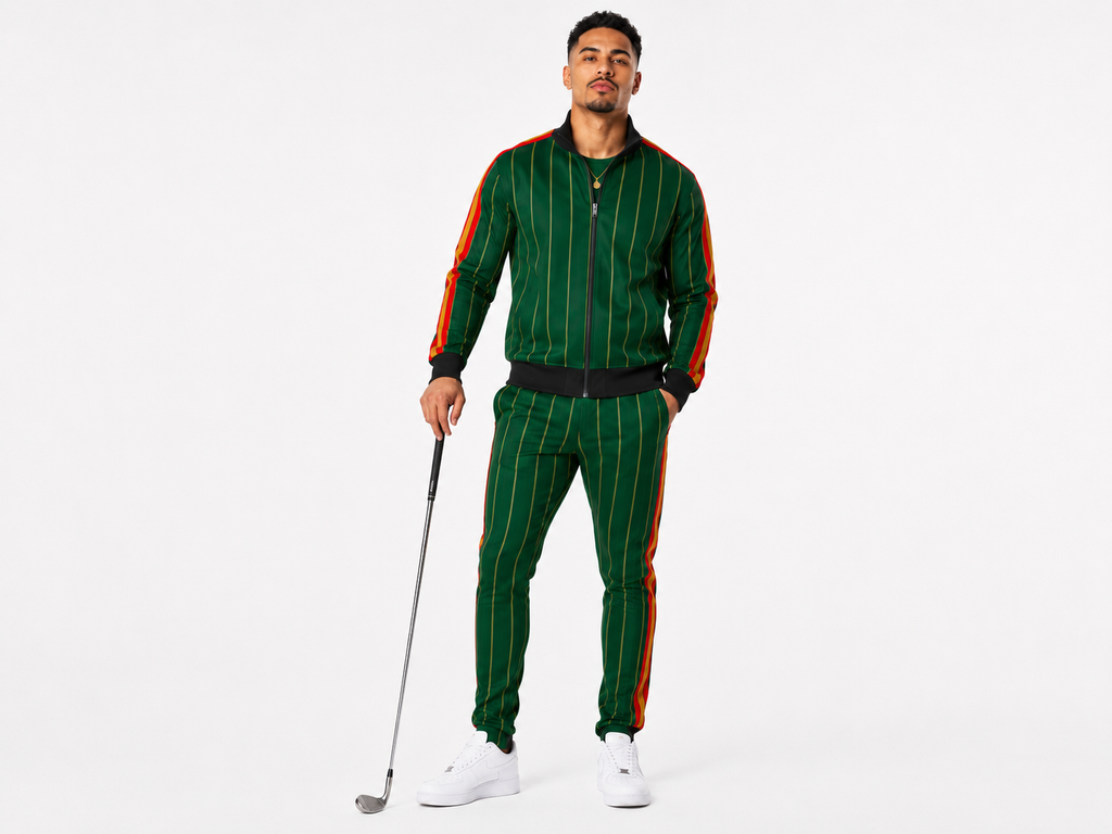 Rich and Rich Men’s Green Pinstripe Golfer Tracksuit Pants | Slim Fit Designer Jogging Pants