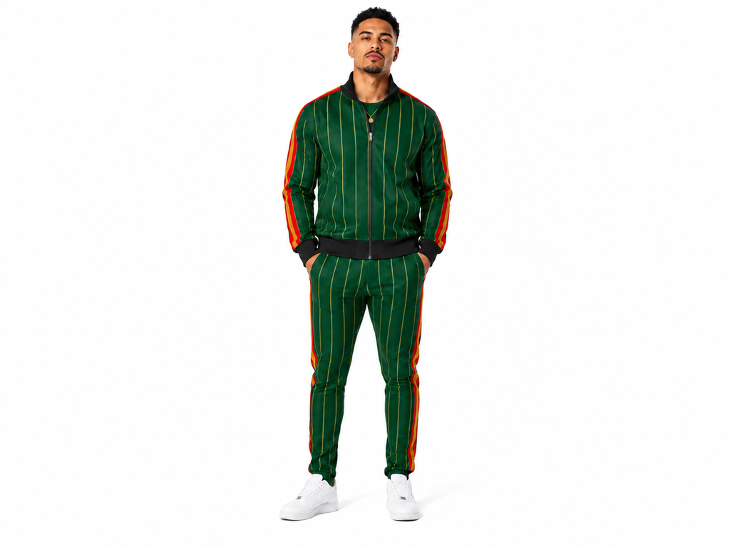 Rich and Rich Men’s Green Pinstripe Golfer Tracksuit Pants | Slim Fit Designer Jogging Pants