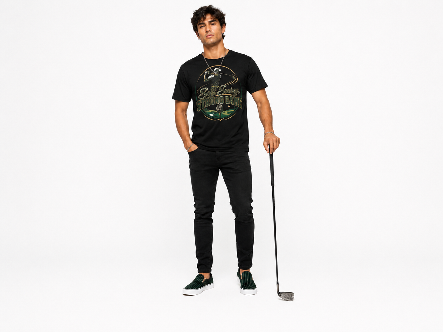 Rich and Rich Men’s Black Golfing T-Shirt | Breathable All-Over Print Mesh Golf Tee for Men