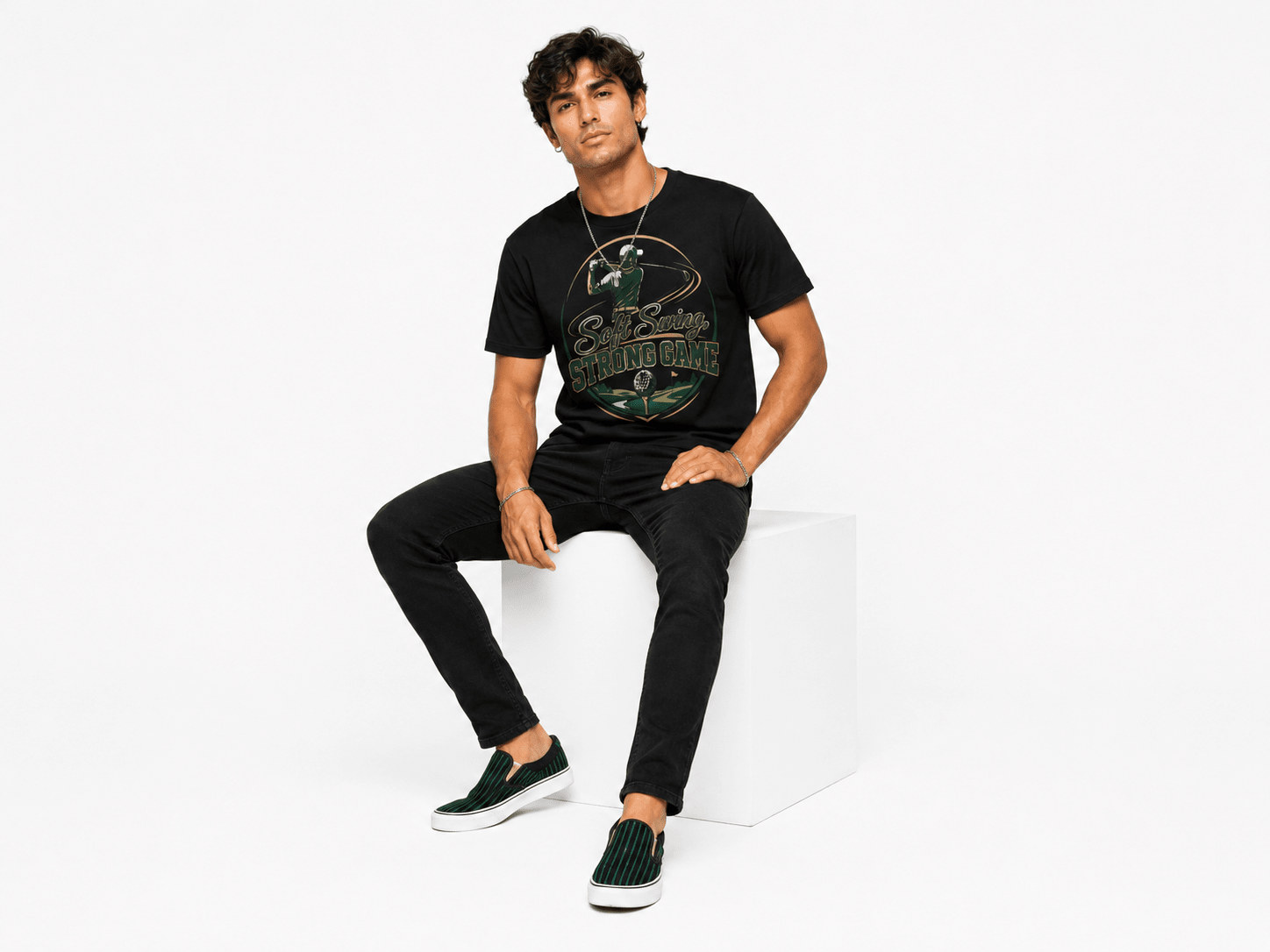 Black men’s short‑sleeve mesh golf T‑shirt with all‑over print and elastic neckband