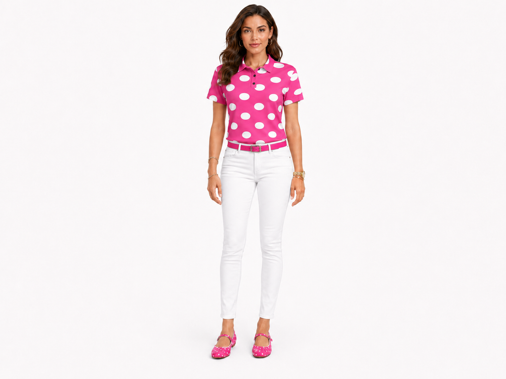 Rich and Rich Women’s Pink Polka Dot Golfers Polo Shirt | Lightweight Breathable Pique Golf Polo