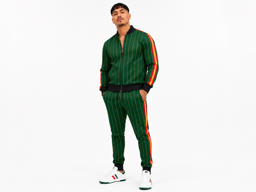 Rich and Rich Men’s Green Pinstripe Tracksuit Jacket | Designer Zip-Up Sports Jacket