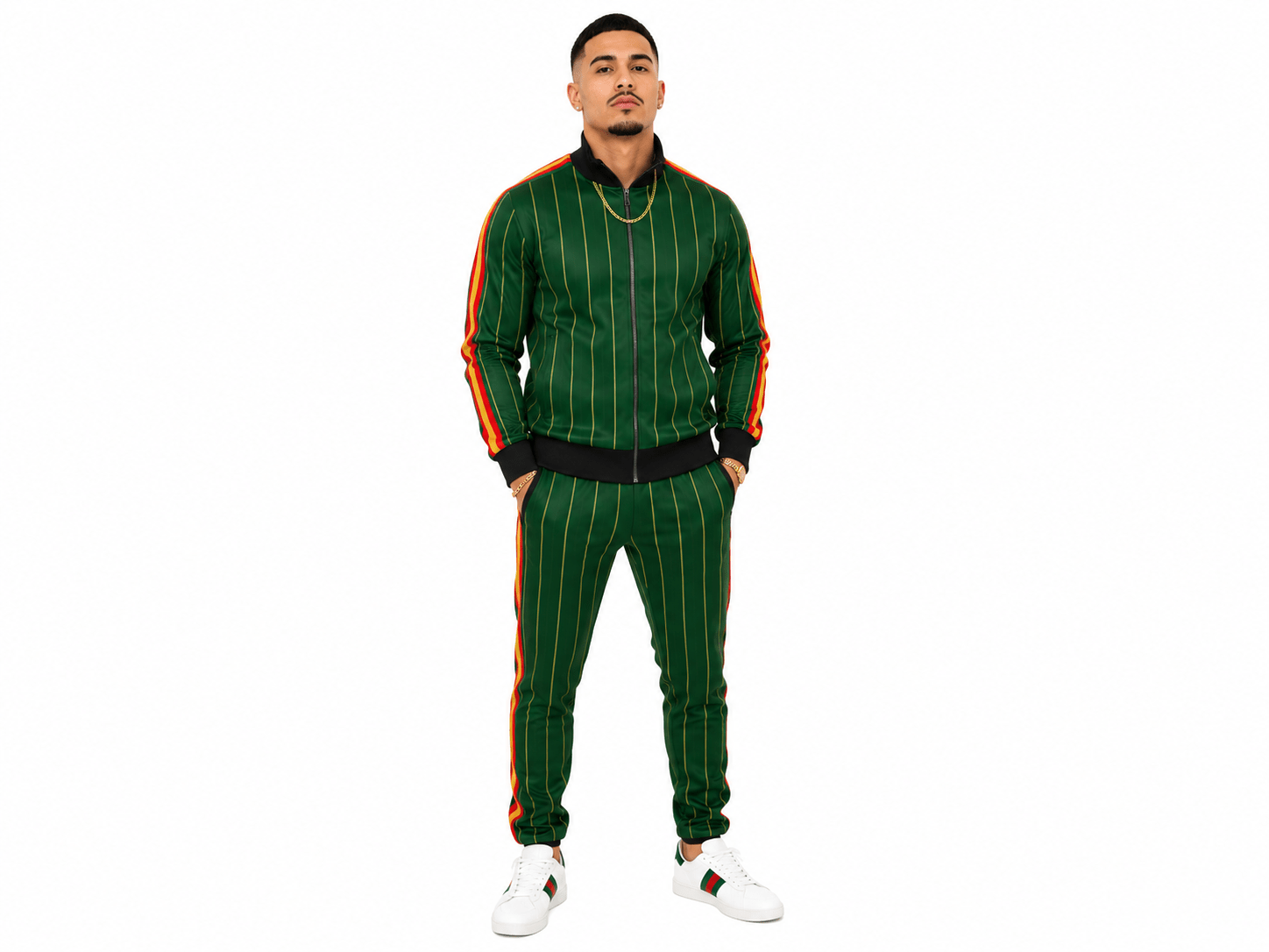 Green pinstripe men’s zip‑up tracksuit jacket with ribbed cuffs and zippered front pockets — alternate view