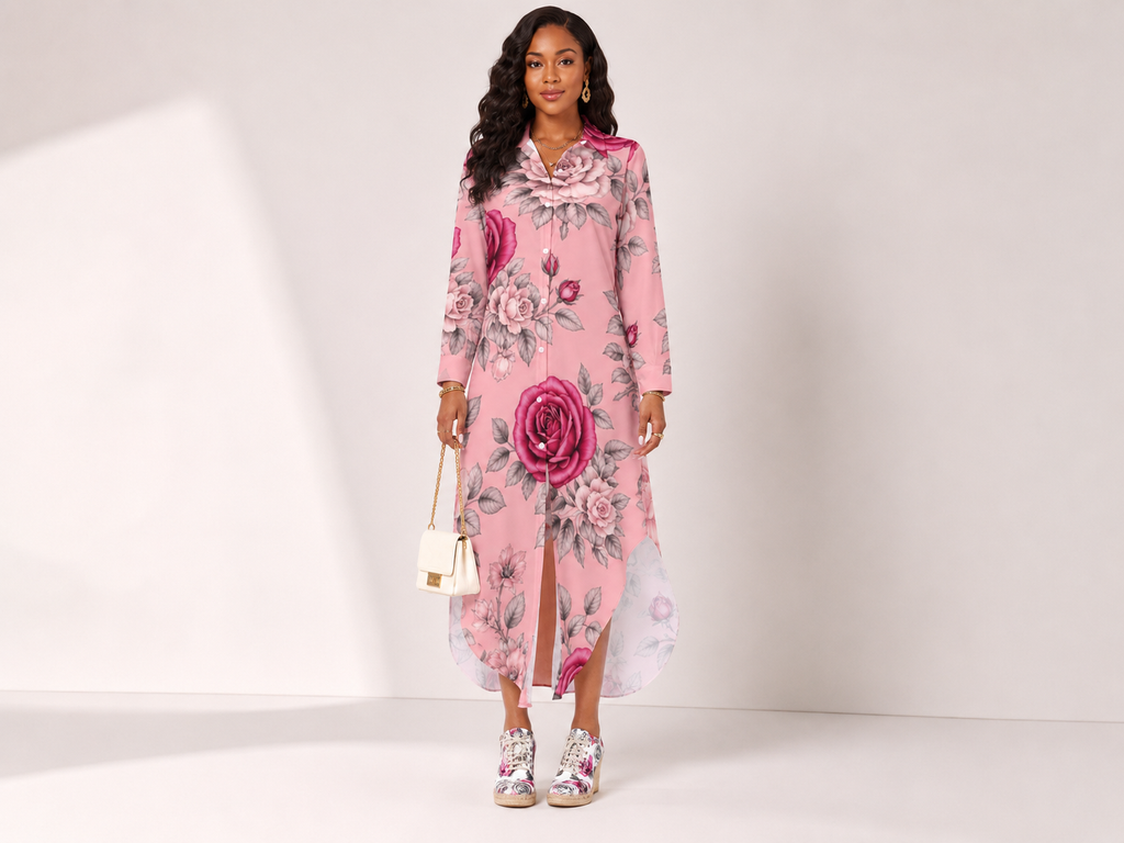 Rich and Rich Pink Rose Floral Button-Up Long Sleeve Women's Shirt Dress | Elegant Polyester Long Shirt Dress for Women