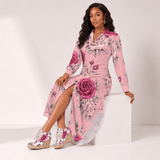 Long button-up women’s shirt dress with pink rose floral print and long sleeves — additional view 9