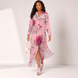 Long button-up women’s shirt dress with pink rose floral print and long sleeves — additional view 10