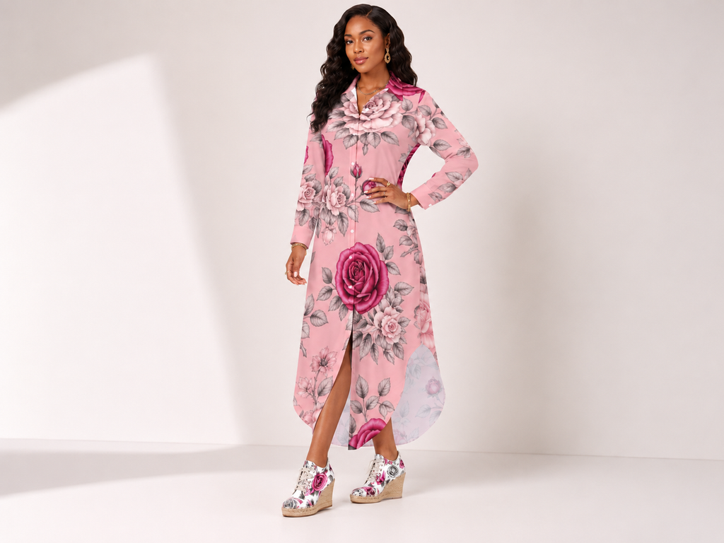 Rich and Rich Pink Rose Floral Button-Up Long Sleeve Women's Shirt Dress | Elegant Polyester Long Shirt Dress for Women
