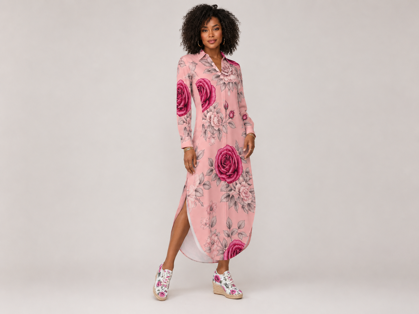 Rich and Rich Pink Rose Floral Button-Up Long Sleeve Women's Shirt Dress | Elegant Polyester Long Shirt Dress for Women