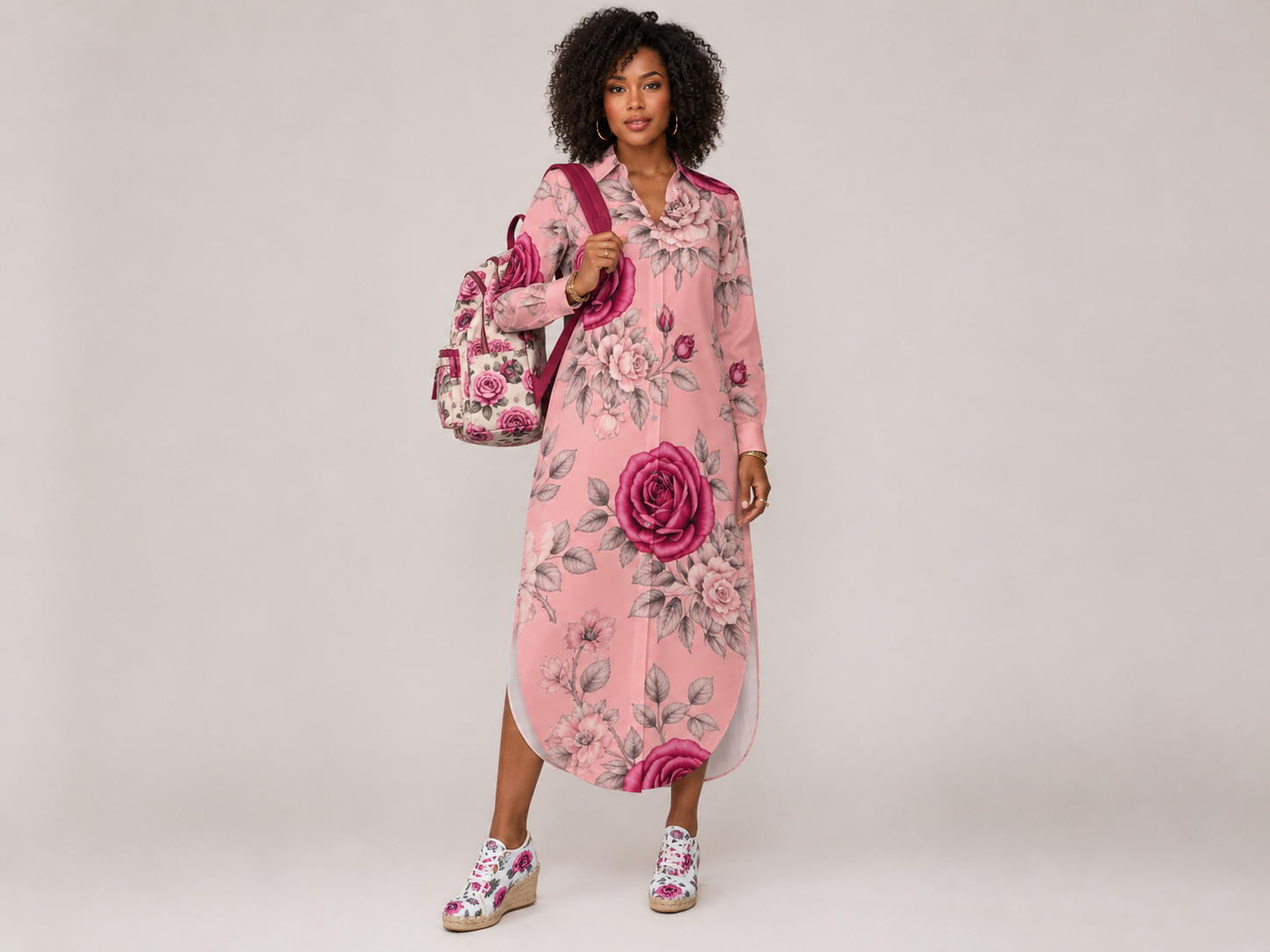 Rich and Rich Pink Rose Floral Button-Up Long Sleeve Women's Shirt Dress | Elegant Polyester Long Shirt Dress for Women