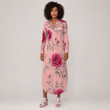 Long button-up women’s shirt dress with pink rose floral print and long sleeves — additional view 7