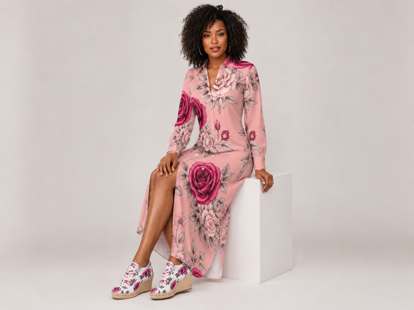 Rich and Rich Pink Rose Floral Button-Up Long Sleeve Women's Shirt Dress | Elegant Polyester Long Shirt Dress for Women