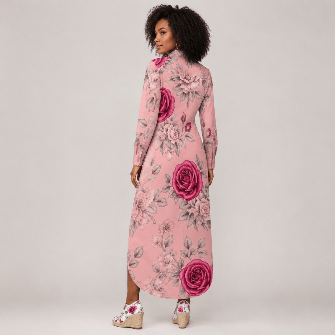 Long button-up women’s shirt dress with pink rose floral print and long sleeves — alternate view