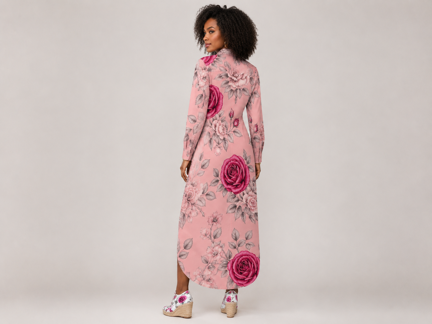 Rich and Rich Pink Rose Floral Button-Up Long Sleeve Women's Shirt Dress | Elegant Polyester Long Shirt Dress for Women