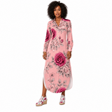 Long button-up women’s shirt dress with pink rose floral print and long sleeves — product detail