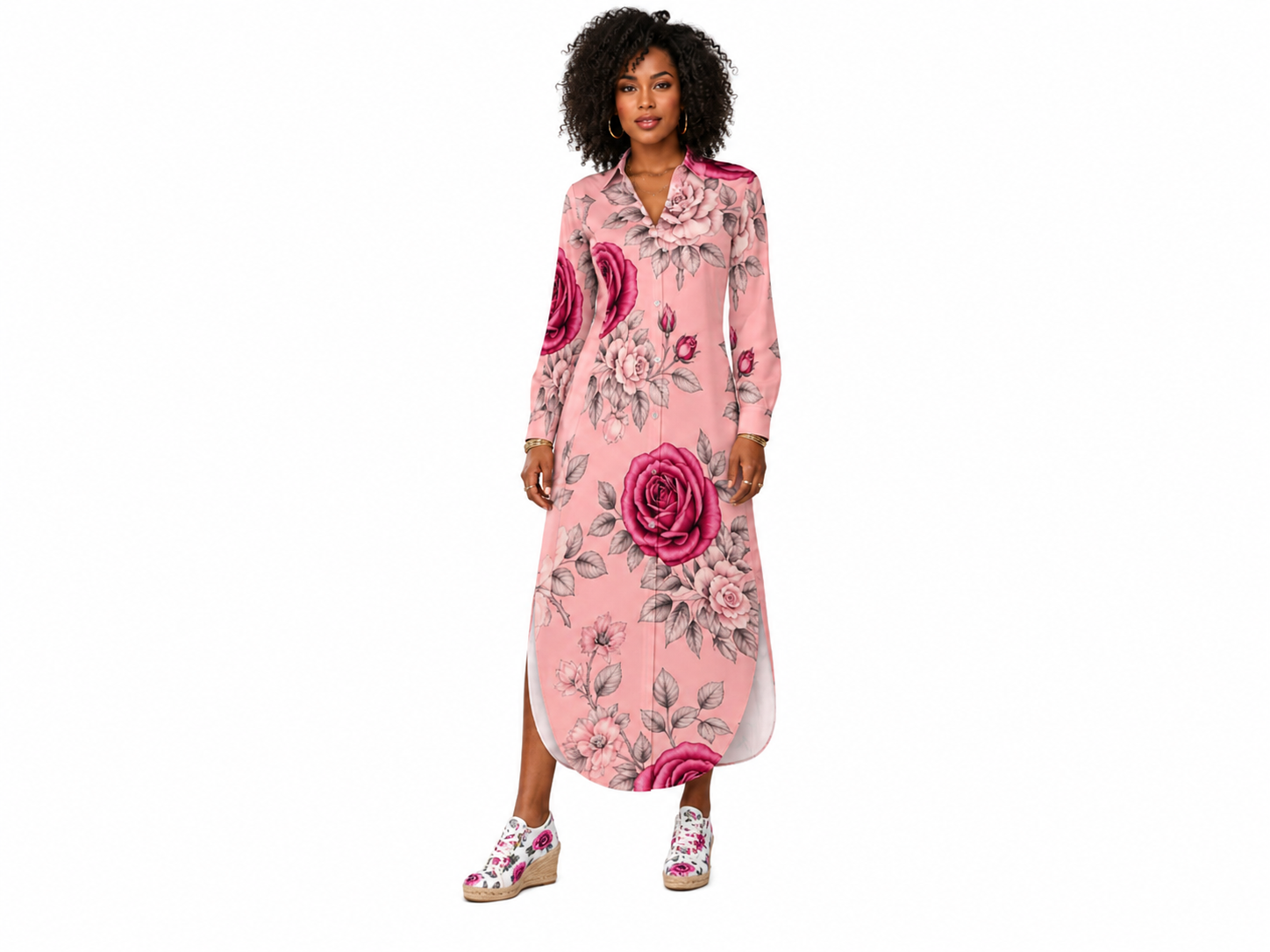 Rich and Rich Pink Rose Floral Button-Up Long Sleeve Women's Shirt Dress | Elegant Polyester Long Shirt Dress for Women