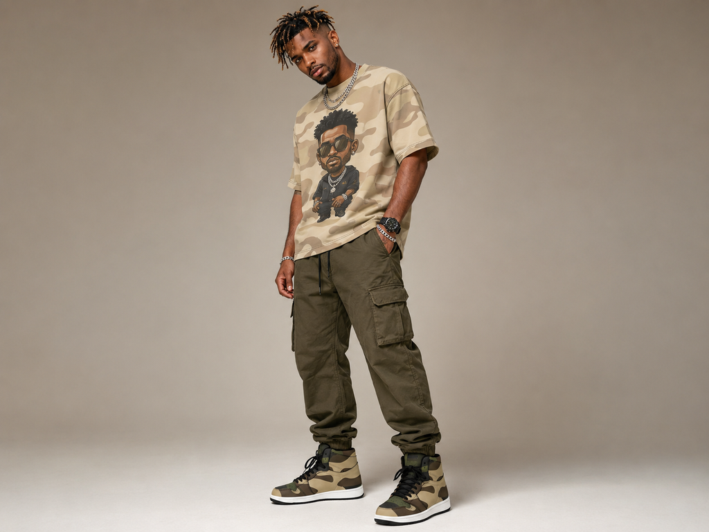 Rich and Rich Camo Green Men’s High Top Sneakers | Custom Streetwear Sneakers with Synthetic Leather & Rubber Outsole