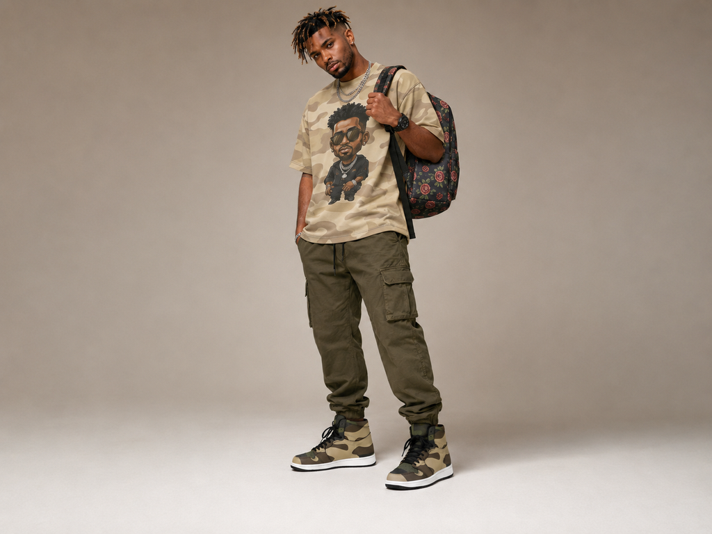 Rich and Rich Camo Green Men’s High Top Sneakers | Custom Streetwear Sneakers with Synthetic Leather & Rubber Outsole
