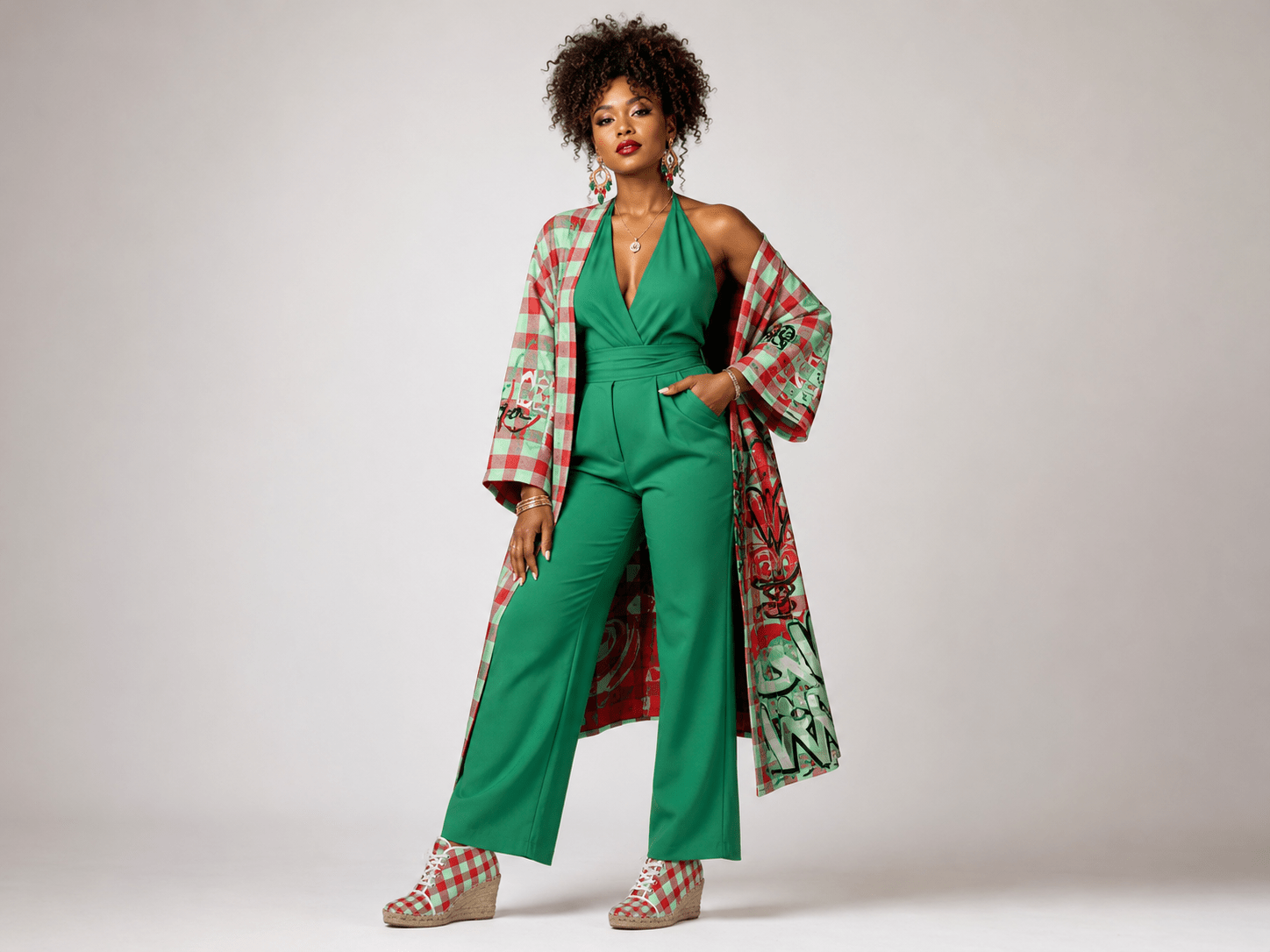 Red and mint green checkered wedge espadrilles with jute platform and non-slip rubber sole — side view