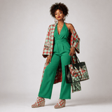 Red and mint green checkered wedge espadrilles with jute platform and non-slip rubber sole — rear view