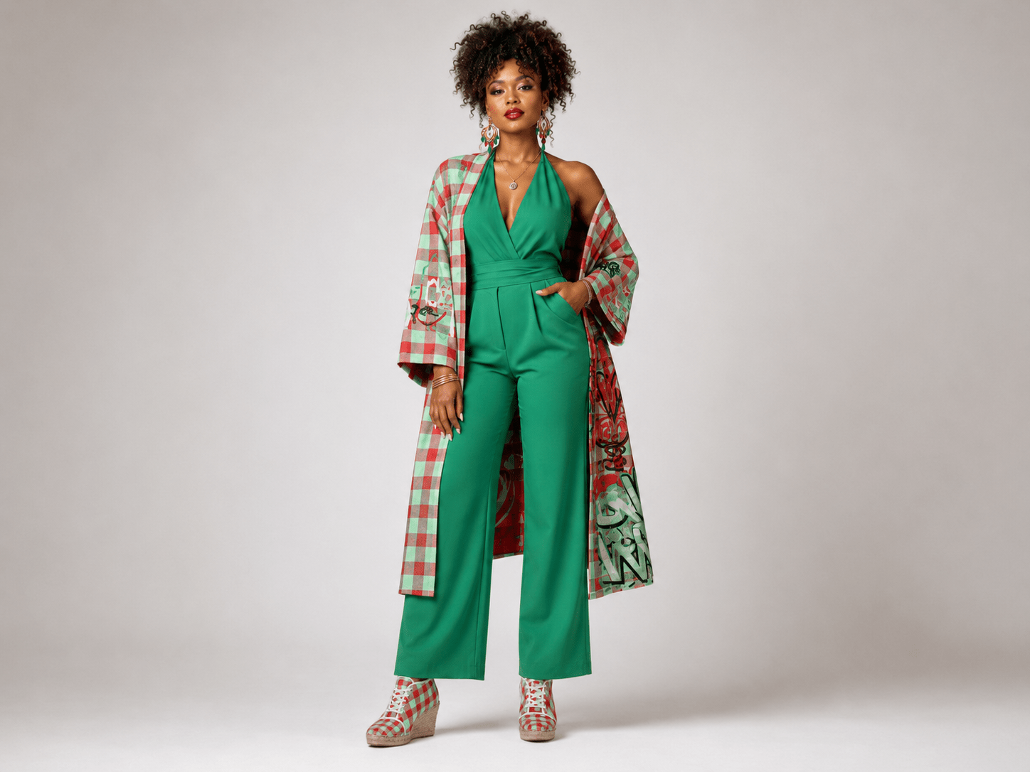 Red and mint green checkered wedge espadrilles with jute platform and non-slip rubber sole