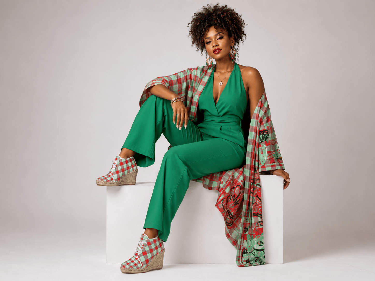 Red and mint green checkered wedge espadrilles with jute platform and non-slip rubber sole — alternate view